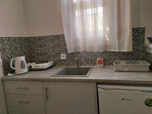 a kitchen counter with a sink and a window at Lefki Studios in Lakithra
