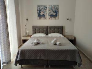 a bedroom with a bed with two pillows on it at Lefki Studios in Lakithra