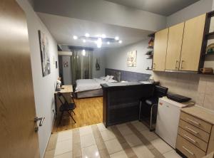 Una pequeña habitación con una cama y una cocina. en Pg Apartment, en Podgorica
