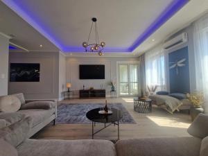 een woonkamer met een bank en een tv bij Danube Wonder View apartment in Boedapest