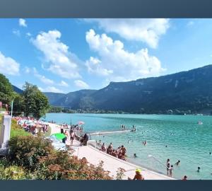 a group of people in the water at a beach at Studio calme à deux pas du lac de Nantua in Nantua
