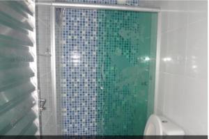 a bathroom with a green shower with a toilet at Pousada PG One in Praia Grande