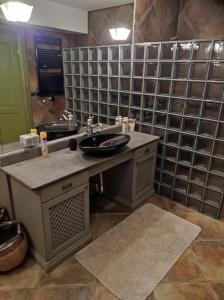 a bathroom with a sink and a mirror at Forest apartment in the loop of the river Neris in Verkšonys