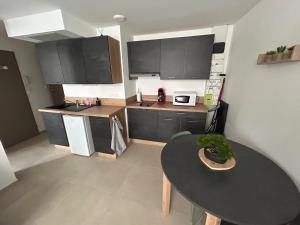 a small kitchen with a table and a counter top at Joli T2 chez Mumu in Saint-Donat-sur-lʼHerbasse