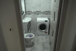 a bathroom with a toilet and a sink and a washing machine at Enk Residence in Târgovişte