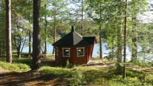 a small house in the woods next to the water at Koivurannan Lomamökit Paju in Mikkeli +12 photos