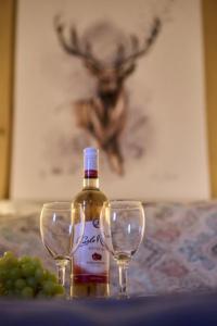 une bouteille de vin et deux verres à vin sur une table dans l'établissement Apartament Kohutówka, à Bukowina Tatrzańska