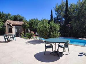 a patio with two tables and chairs next to a pool at Villa avec piscine privée in Allauch