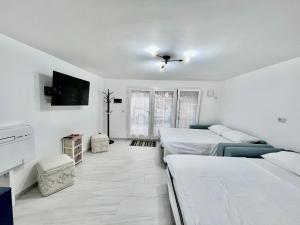 a white room with two beds and a tv at A'MARE da Marco Loft in Sperlonga