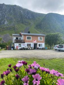 a building with a bunch of flowers in front of it at Unstad Surfpacker Hostel in Unstad +21 photos