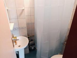 a small bathroom with a sink and a toilet at Rooftop rooms Ohrid in Ohrid +21 photos
