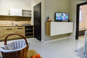 cocina con fregadero y TV en la barra en Skorzęcin Pachnie Miętą, en Skorzęcin