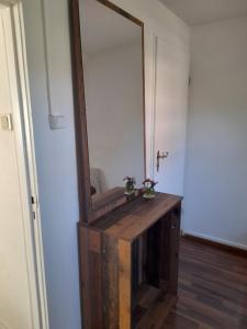 a mirror on top of a wooden dresser in a room at Pension Entenhausen in Schwentinental +63 photos