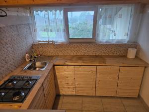 a kitchen with a sink and a stove and a window at Casa Cristian in Limanu +5 photos