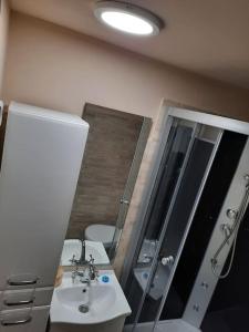 a bathroom with a sink and a mirror and a toilet at Diana in Spychowo +4 photos