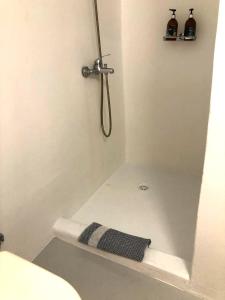 a bathroom with a shower with a sink and a toilet at Windmill House Mykonos in Megali Ammos