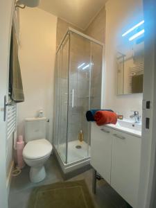 ein Badezimmer mit Dusche, Toilette und Waschbecken in der Unterkunft Appartement près Paris & Disney in Le Perreux-sur-Marne