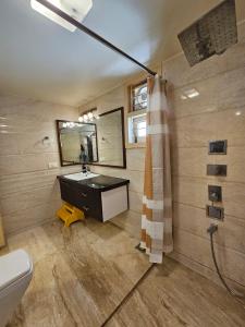 a bathroom with a sink and a mirror and a toilet at La Shangrila Charming City Center Villa in Ahmedabad