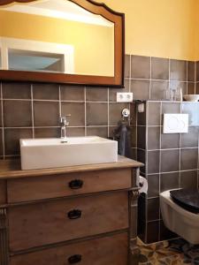 ein Badezimmer mit Waschbecken und Spiegel in der Unterkunft Gäste- und Monteurwohnung alte Gärtnerei in Kalefeld