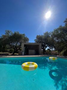 a swimming pool with two yellow inflatables in the water at Maison provençale in Grimaud