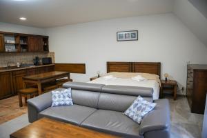 a living room with a bed and a couch at Apartmán de luxe s výhľadom na Lomnický štít in Tatranská Lomnica