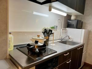 a kitchen with a stove with a pot and a sink at ペットと泊まれる Tatami & B 池上 202 2DK 40m2 in Tokyo