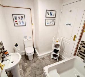 a bathroom with a toilet and a sink and a tub at Beautiful 2 bedroom annexe in popular town location in Pembrokeshire +14 photos