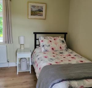 ein kleines Schlafzimmer mit einem Bett und einem Nachttisch in der Unterkunft Lake lodging Dungloe 1 mile from Dungloe, 2bdrm max3 adults in Dungloe