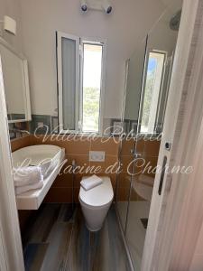 a bathroom with a toilet and a sink and mirror at Villetta Roberto Le Macine di Charme - Pugnochiuso Resort in Vieste