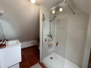 ein Badezimmer mit Dusche und Waschbecken in der Unterkunft Maison charmante à Bec-de-Mortagne avec jardin clôturé in Bec-de-Mortagne + 11 Fotos