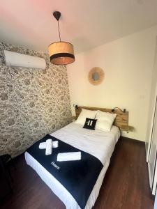 une chambre avec un lit avec deux serviettes dessus dans l'établissement Le cosy charmeur Climatisé avec patio, à Tours