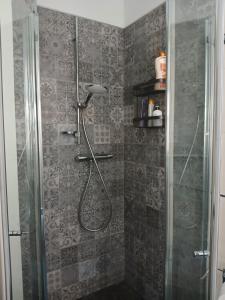 una ducha con puerta de cristal en un baño en A room in the 'borgo', en Dogliani 20 fotos más