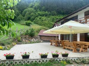 a patio with two benches and an umbrella at Pensiunea Valea Pinului in Rau Sadului