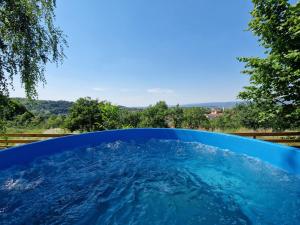 a blue plunge pool with a view of the trees at Pensiunea turistica Retreat Belvedere in Vadu Crişului