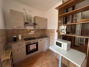 a small kitchen with a counter and a microwave at Casa Bianca Village Apartments in Lignano Sabbiadoro