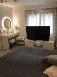 a bedroom with a flat screen tv and a bed at Villa Mäntyrinne in Valkeakoski