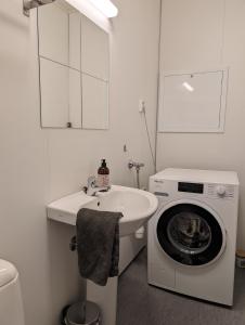 a bathroom with a washing machine and a sink at Green appartement in Sandnes +7 photos