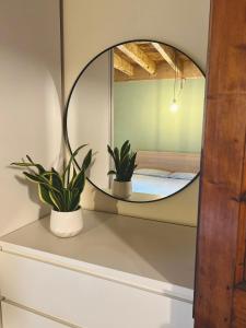 a mirror on a shelf with two potted plants at Appartamento Zeli e Old Alagna in Alagna Valsesia +19 photos