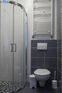 a bathroom with a toilet and a glass shower at Pokoje gościnne GRYF in Rewal