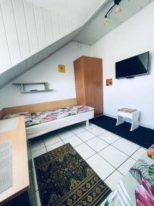 a room with a bed and a tv on the wall at Noclegi u Zygmunta in Mielno