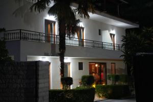 a white house with a palm tree in front of it at Villa Qeli in Gjirokastër