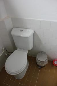 a bathroom with a white toilet and a trash can at Yomra İkisu Garden House in Yomra +27 photos