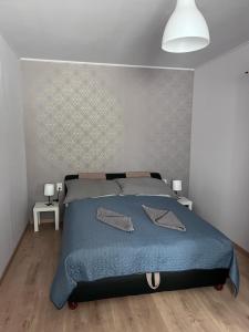 a bedroom with a bed with a blue blanket at ArZa Sóstó Apartman in Nyíregyháza +39 photos