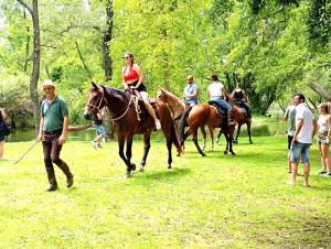 a group of people riding horses in a field at La Regina del Bosco in Rivignano