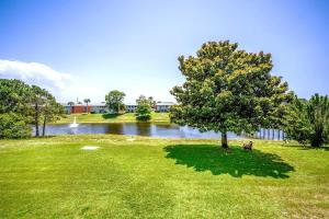 a park with a tree and a bench next to a lake at Eden Escape Lake View 3 Pools Pet Friendly in Destin