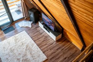 an overhead view of a living room with a television at Cabana VP in Alunişu