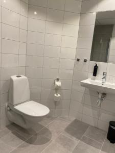 a white bathroom with a toilet and a sink at Badholmen Restaurang & Hotell in Oskarshamn