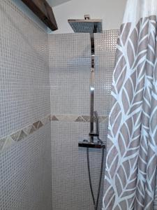 a shower in a bathroom with a shower curtain at Le cabanon in Fuveau