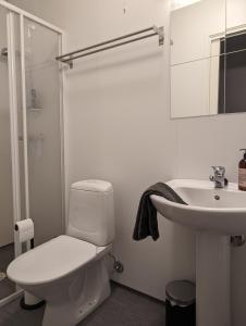 a white bathroom with a toilet and a sink at Green appartement in Sandnes +5 photos