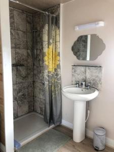 une salle de bain avec lavabo et douche dans l'établissement Barn Owl Lodge with Hot Tub - Adults Only, à Lackford